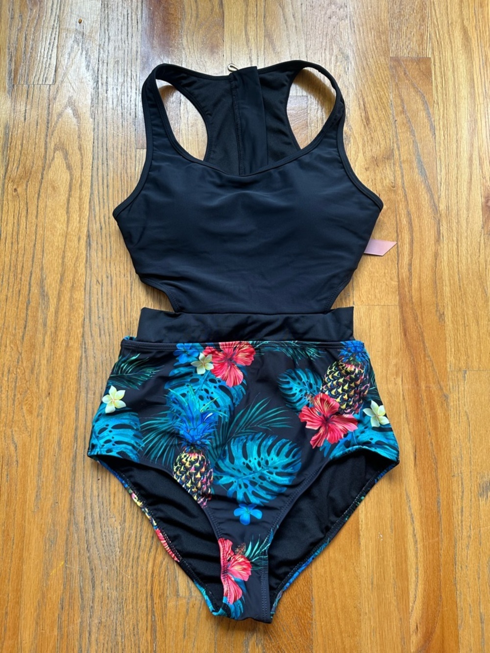 Black Tank One-Piece Swimsuit with Tropical-Print High-Waist Bottom